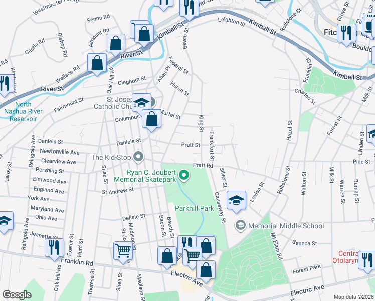 map of restaurants, bars, coffee shops, grocery stores, and more near 97-99 Pratt Street in Fitchburg