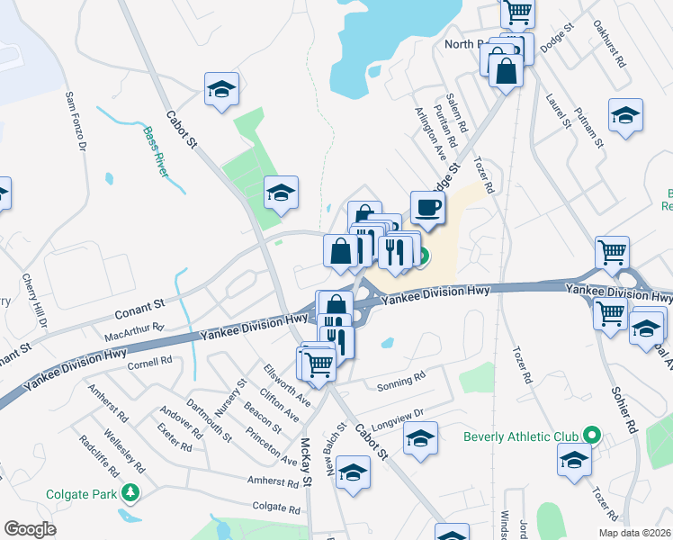 map of restaurants, bars, coffee shops, grocery stores, and more near 41 Chipman Road in Beverly