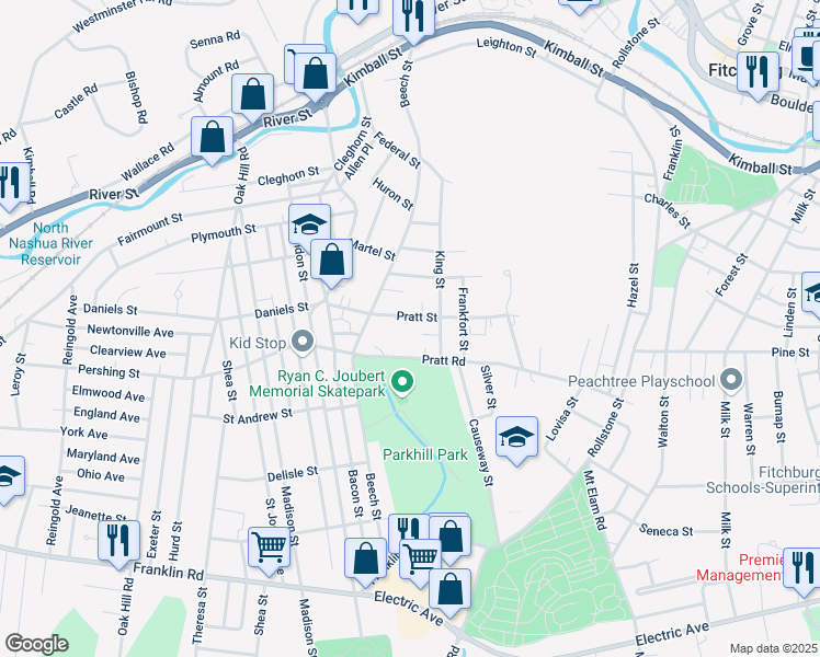 map of restaurants, bars, coffee shops, grocery stores, and more near 97-99 Pratt Street in Fitchburg