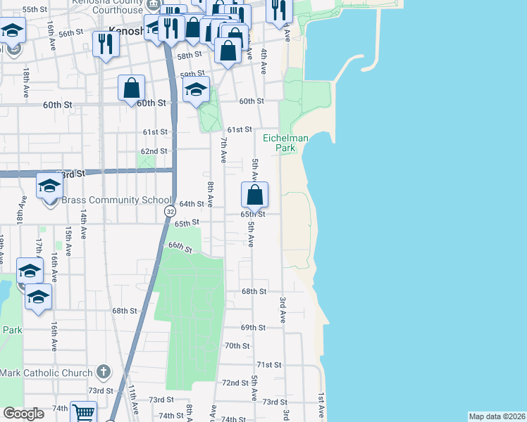 map of restaurants, bars, coffee shops, grocery stores, and more near 402 65th Street in Kenosha