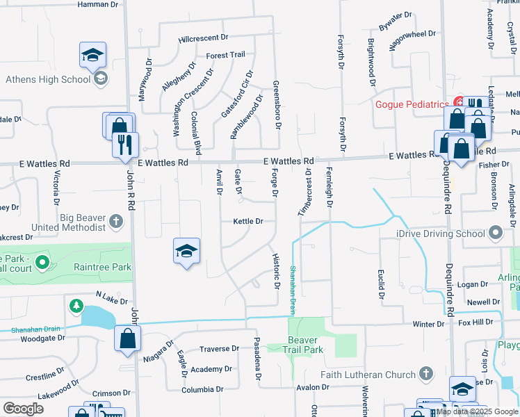 map of restaurants, bars, coffee shops, grocery stores, and more near 3853 Gate Drive in Troy