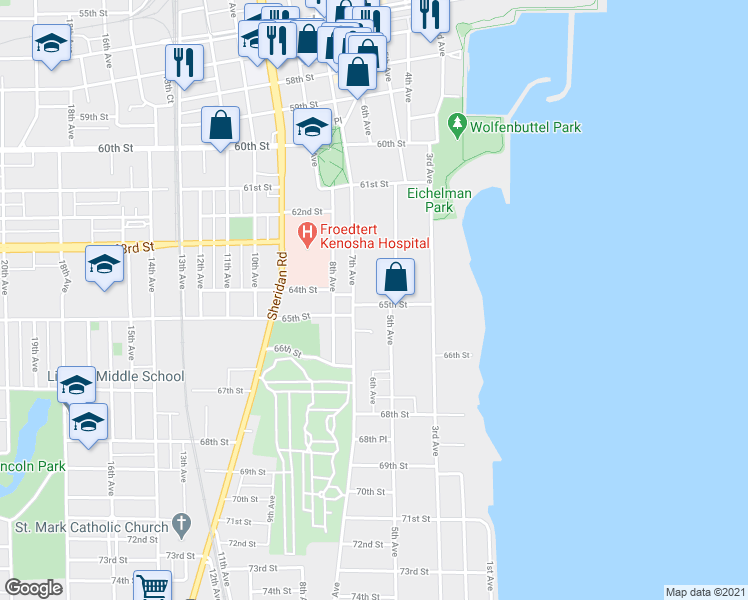 map of restaurants, bars, coffee shops, grocery stores, and more near 522 65th Street in Kenosha