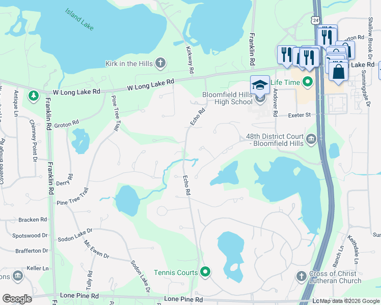 map of restaurants, bars, coffee shops, grocery stores, and more near 4275 Echo Road in Bloomfield Hills