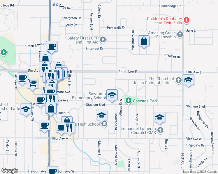 map of restaurants, bars, coffee shops, grocery stores, and more near 808 Capri Drive in Twin Falls