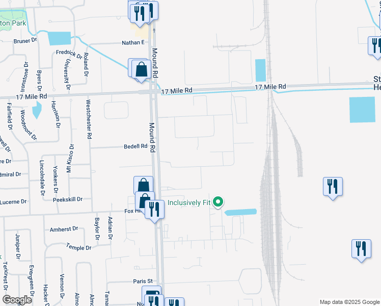 map of restaurants, bars, coffee shops, grocery stores, and more near 38500 Mound Road in Sterling Heights