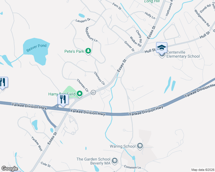 map of restaurants, bars, coffee shops, grocery stores, and more near 445 Essex Street in Beverly