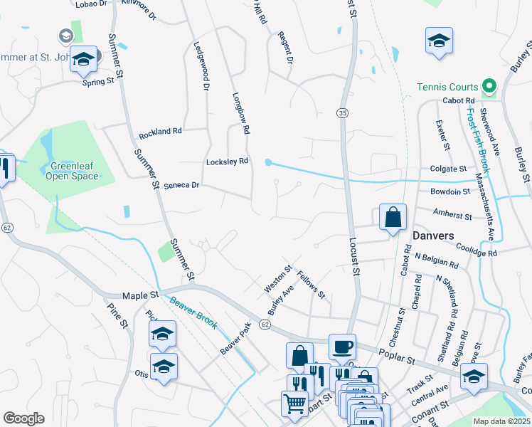 map of restaurants, bars, coffee shops, grocery stores, and more near 9 Arrowhead Road in Danvers