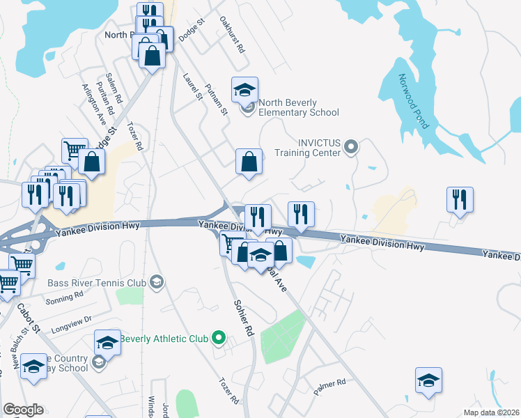 map of restaurants, bars, coffee shops, grocery stores, and more near 1 Presidential Cir in Beverly