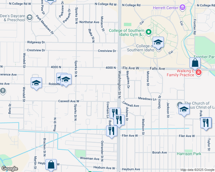 map of restaurants, bars, coffee shops, grocery stores, and more near 167 Robbins Avenue in Twin Falls