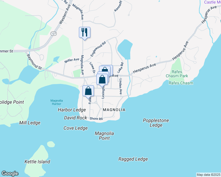 map of restaurants, bars, coffee shops, grocery stores, and more near 2 Ocean Avenue in Gloucester