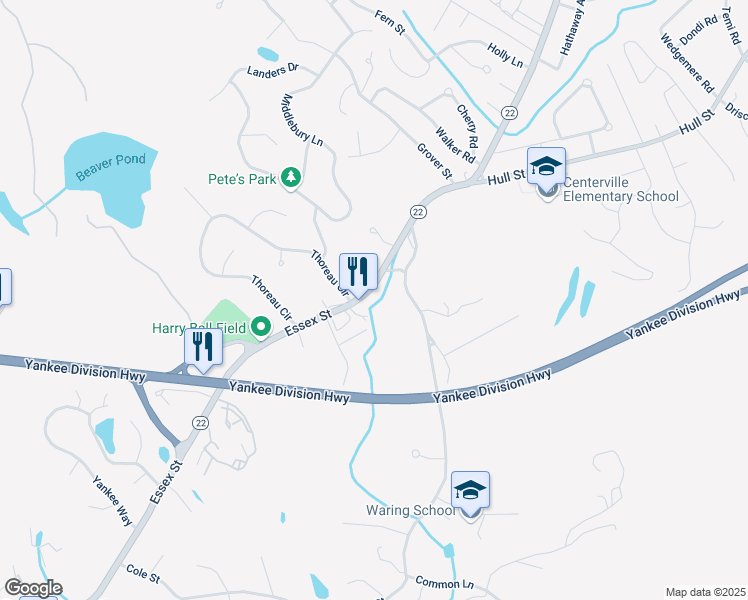 map of restaurants, bars, coffee shops, grocery stores, and more near 451 Essex Street in Beverly