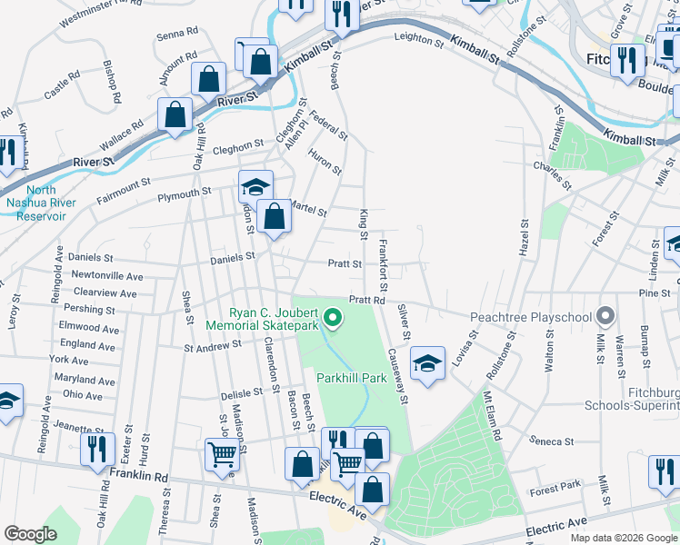 map of restaurants, bars, coffee shops, grocery stores, and more near 97-99 Pratt Street in Fitchburg