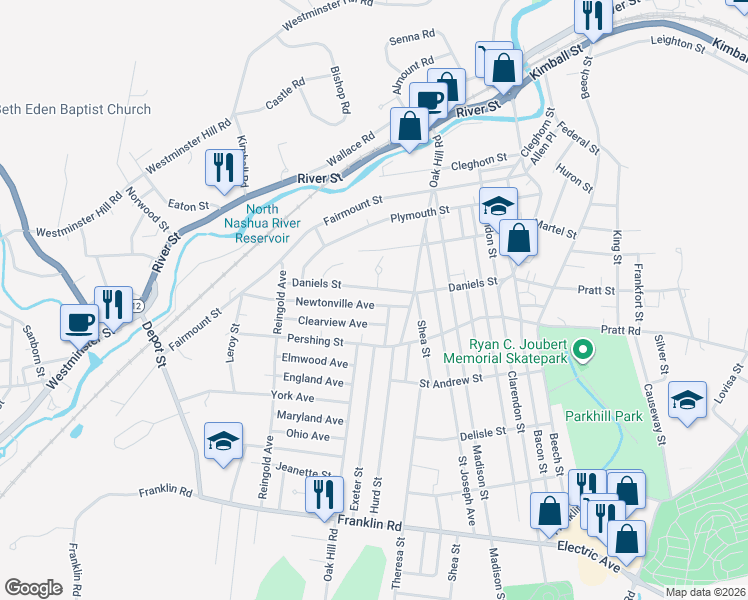 map of restaurants, bars, coffee shops, grocery stores, and more near 35 Newtonville Avenue in Fitchburg