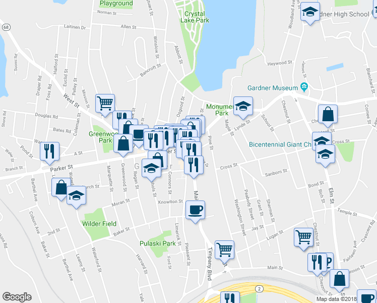 map of restaurants, bars, coffee shops, grocery stores, and more near 0 Pleasant Street in Gardner