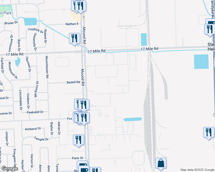 map of restaurants, bars, coffee shops, grocery stores, and more near 38500 Mound Road in Sterling Heights