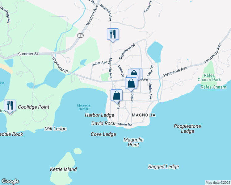 map of restaurants, bars, coffee shops, grocery stores, and more near 28 Fuller Street in Gloucester