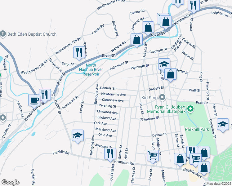 map of restaurants, bars, coffee shops, grocery stores, and more near 77 Newtonville Avenue in Fitchburg