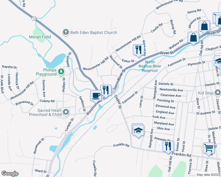 map of restaurants, bars, coffee shops, grocery stores, and more near 32 Ashburnham Street in Fitchburg