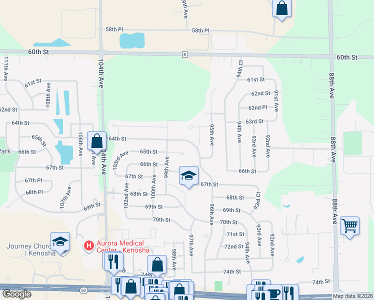 map of restaurants, bars, coffee shops, grocery stores, and more near 9704 65th Street in Kenosha