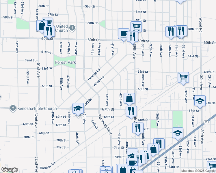 map of restaurants, bars, coffee shops, grocery stores, and more near 4327 Taft Road in Kenosha