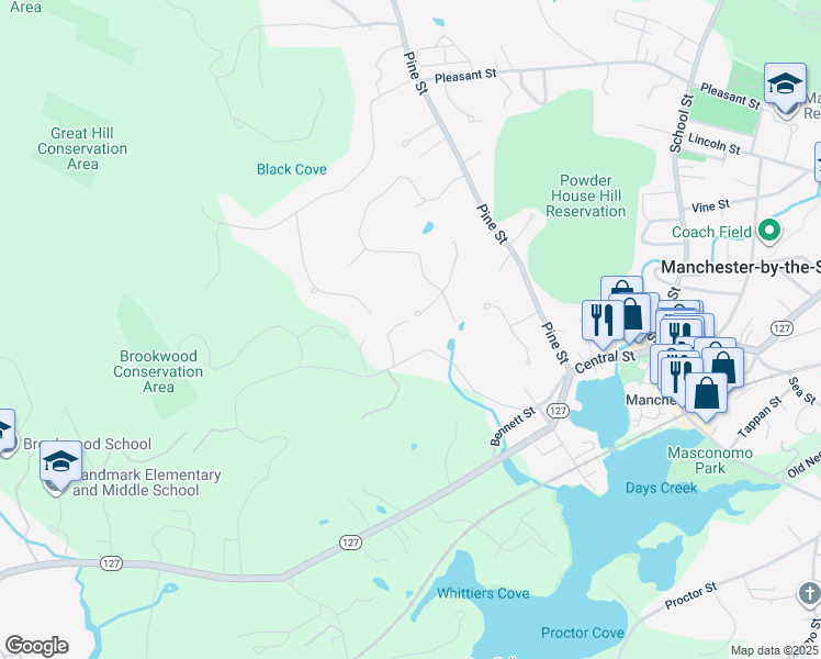 map of restaurants, bars, coffee shops, grocery stores, and more near 7 Woodcrest Road in Manchester-by-the-Sea