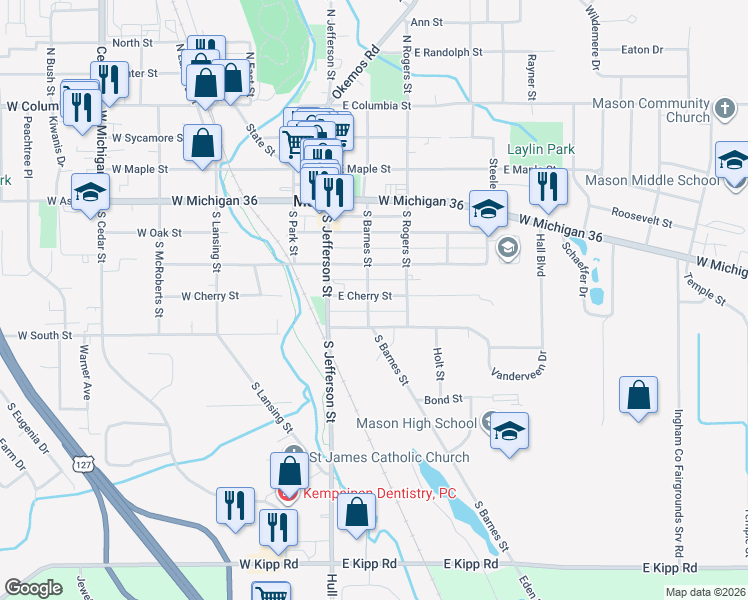 map of restaurants, bars, coffee shops, grocery stores, and more near 703 South Barnes Street in Mason