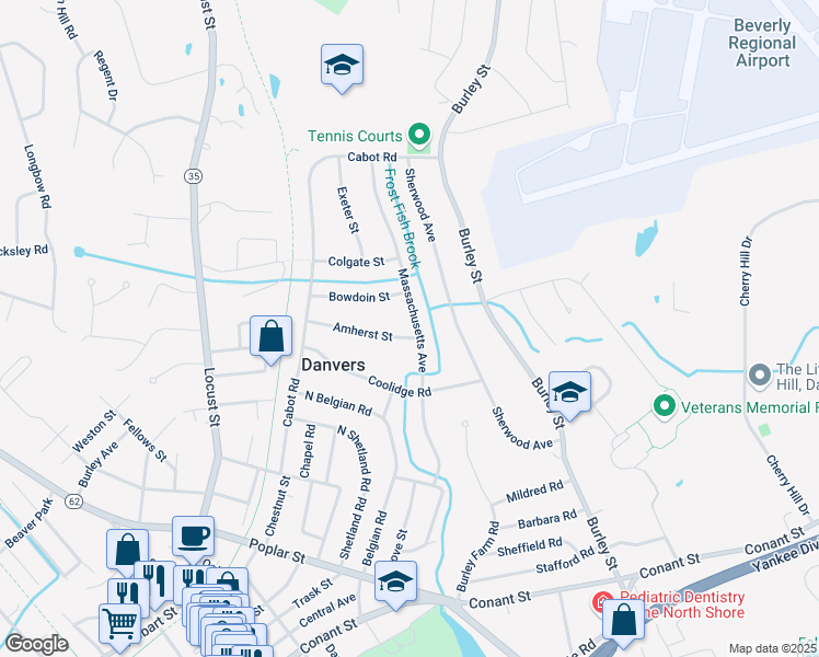 map of restaurants, bars, coffee shops, grocery stores, and more near 20 Amherst St in Danvers
