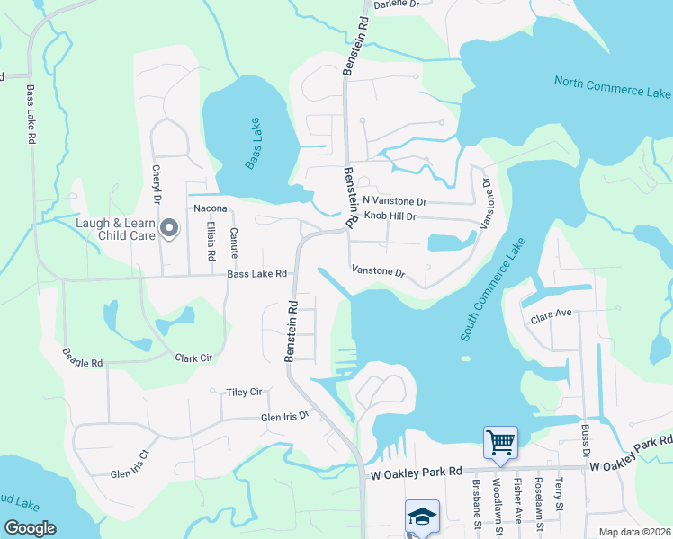 map of restaurants, bars, coffee shops, grocery stores, and more near 1600 Vanstone Drive in Commerce Charter Township