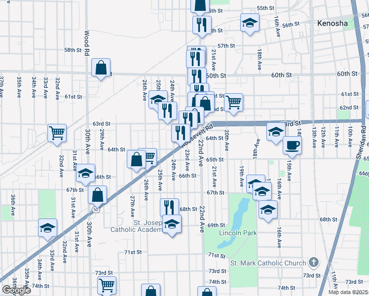 map of restaurants, bars, coffee shops, grocery stores, and more near 6354 23rd Avenue in Kenosha