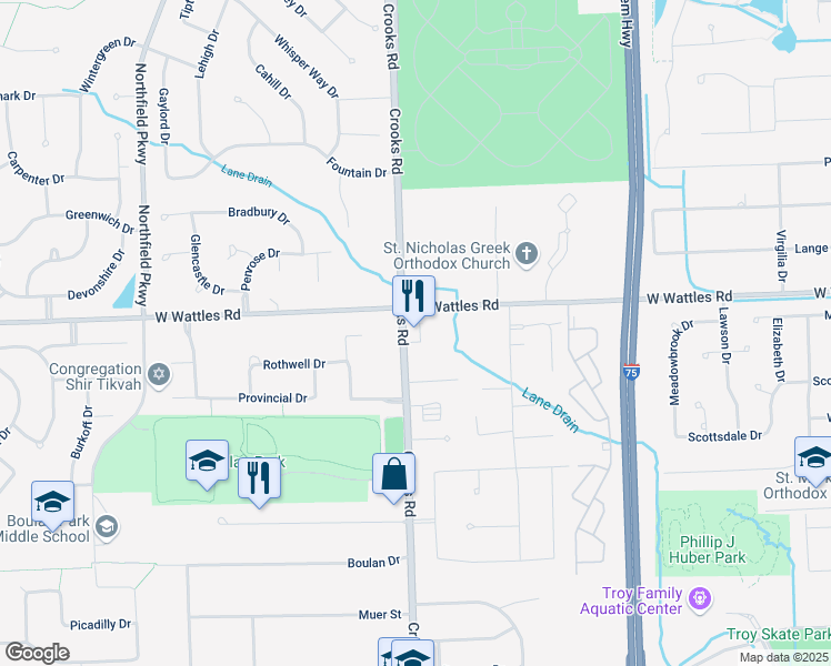 map of restaurants, bars, coffee shops, grocery stores, and more near 3960 Crooks Road in Troy