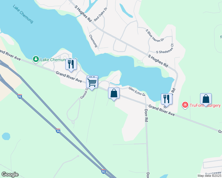 map of restaurants, bars, coffee shops, grocery stores, and more near 5665 East Grand River Avenue in Howell
