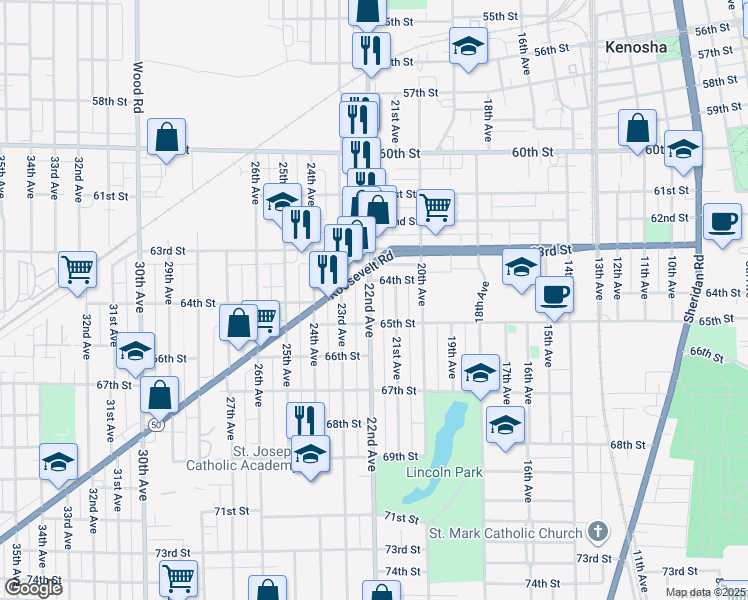 map of restaurants, bars, coffee shops, grocery stores, and more near 6423 22nd Avenue in Kenosha