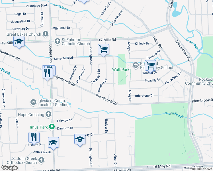 map of restaurants, bars, coffee shops, grocery stores, and more near 12450 Monsbrook Drive in Sterling Heights