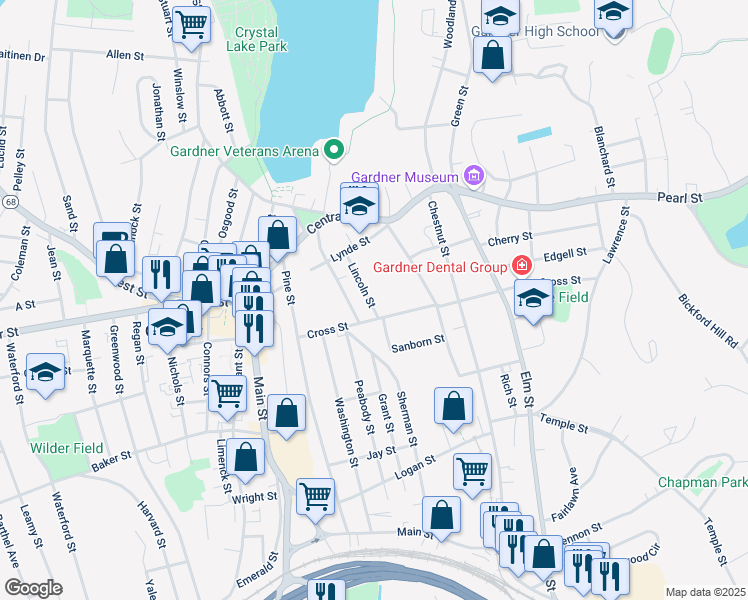 map of restaurants, bars, coffee shops, grocery stores, and more near 62 Lincoln Street in Gardner