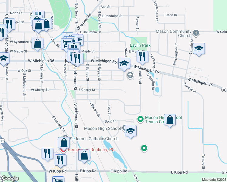 map of restaurants, bars, coffee shops, grocery stores, and more near 404 East Cherry Street in Mason