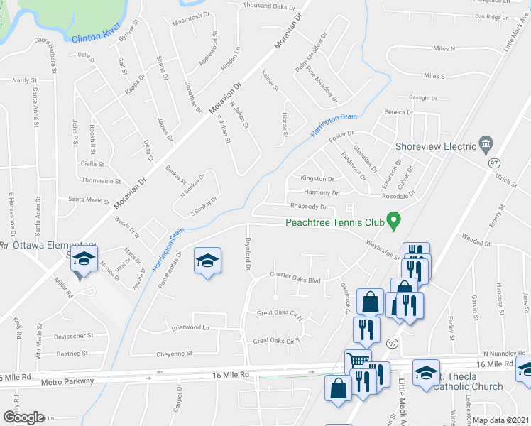 map of restaurants, bars, coffee shops, grocery stores, and more near 19879 Arcadia Drive in Clinton Township