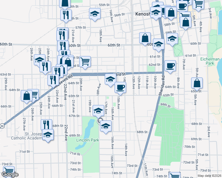 map of restaurants, bars, coffee shops, grocery stores, and more near 6400 15th Avenue in Kenosha