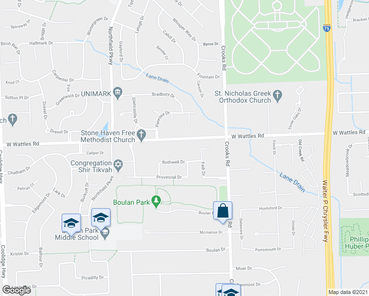 map of restaurants, bars, coffee shops, grocery stores, and more near 1177 West Wattles Road in Troy