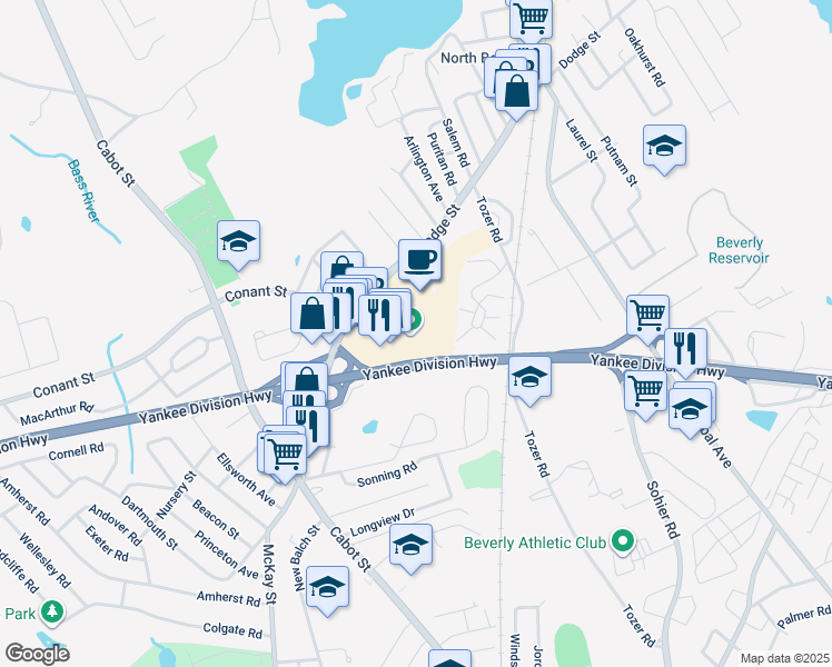 map of restaurants, bars, coffee shops, grocery stores, and more near 65 Dodge Street in Beverly