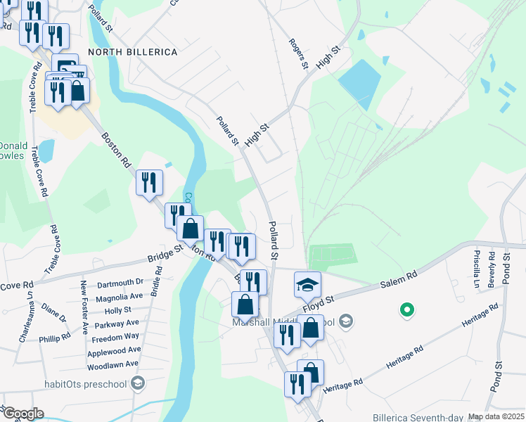 map of restaurants, bars, coffee shops, grocery stores, and more near 171 Pollard Street in Billerica