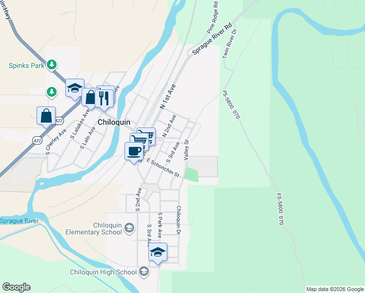 map of restaurants, bars, coffee shops, grocery stores, and more near 225 East Schonchin Street in Chiloquin