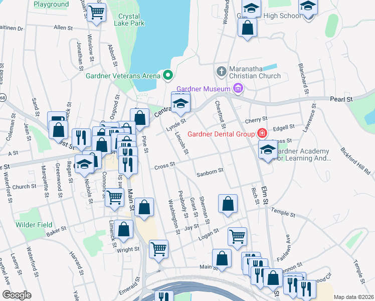 map of restaurants, bars, coffee shops, grocery stores, and more near 62 Lincoln Street in Gardner