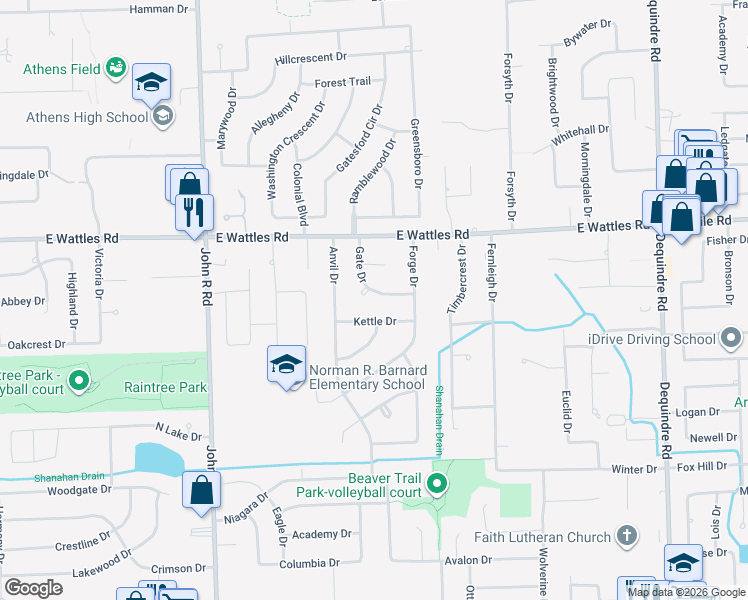 map of restaurants, bars, coffee shops, grocery stores, and more near 3853 Gate Drive in Troy