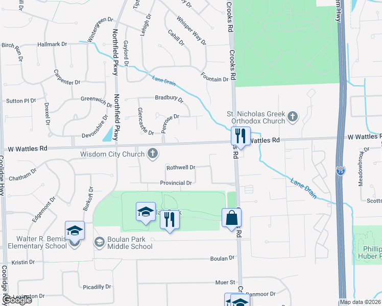 map of restaurants, bars, coffee shops, grocery stores, and more near 1177 West Wattles Road in Troy