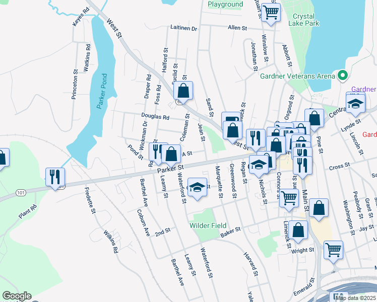 map of restaurants, bars, coffee shops, grocery stores, and more near 33 A Street in Gardner