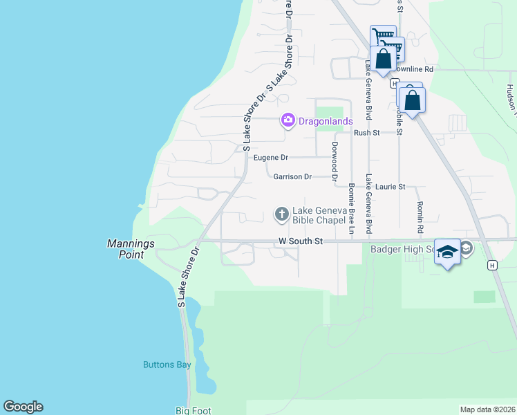 map of restaurants, bars, coffee shops, grocery stores, and more near 531 Maple Street in Lake Geneva