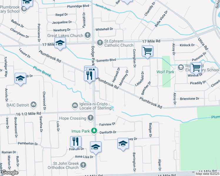 map of restaurants, bars, coffee shops, grocery stores, and more near 38269 Corbett Drive in Sterling Heights