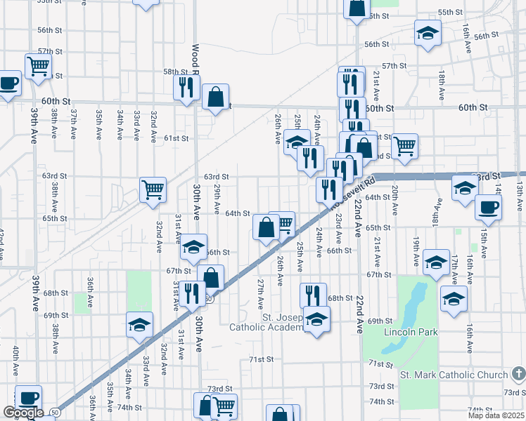map of restaurants, bars, coffee shops, grocery stores, and more near 6353 27th Avenue in Kenosha