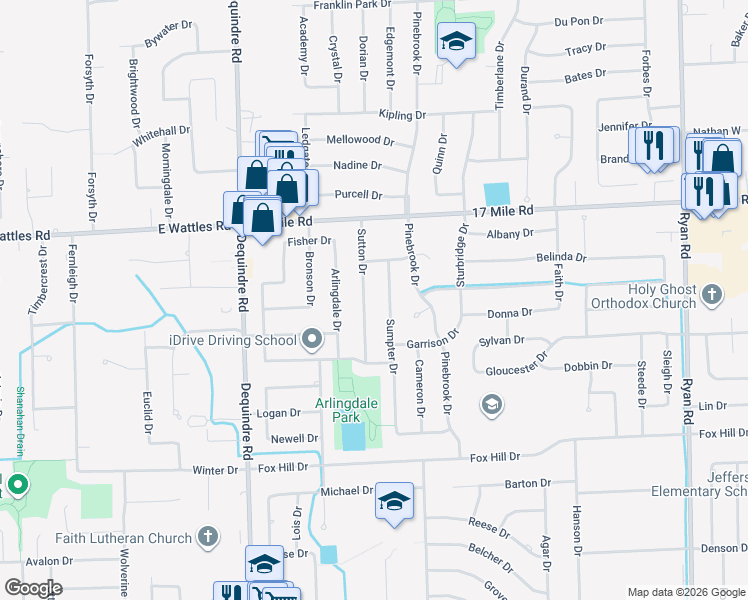 map of restaurants, bars, coffee shops, grocery stores, and more near 38740 Sutton Drive in Sterling Heights
