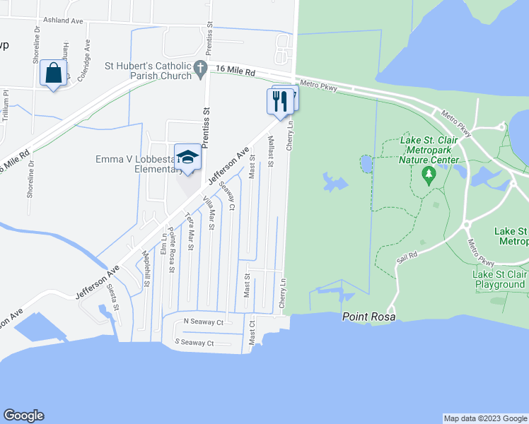 map of restaurants, bars, coffee shops, grocery stores, and more near 38169 Mallast Street in Harrison Township